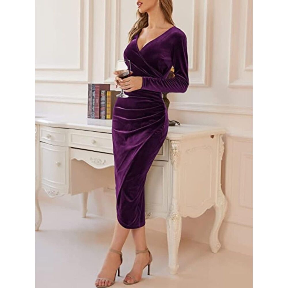 V-Neck Ruched Long Sleeve Purple Velvet Bodycon Mermaid Midi Dress Sz L